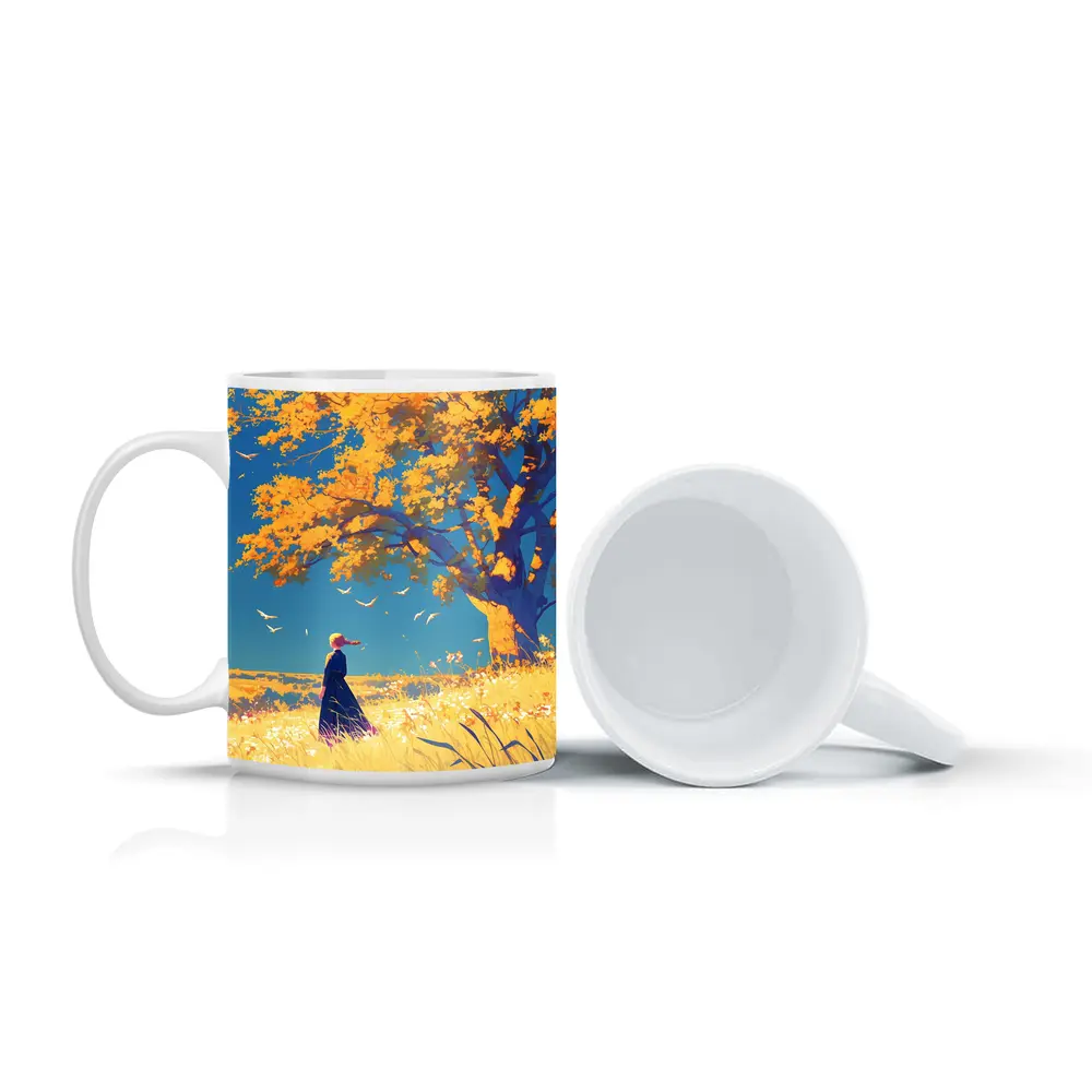 Anime Girl Standing Under Golden Autumn Tree – Mugs