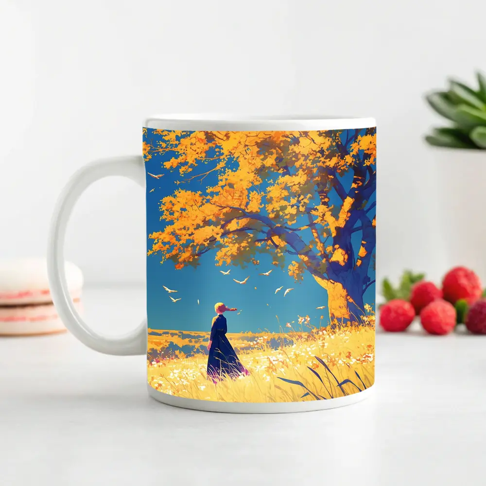 Anime Girl Standing Under Golden Autumn Tree – Mugs