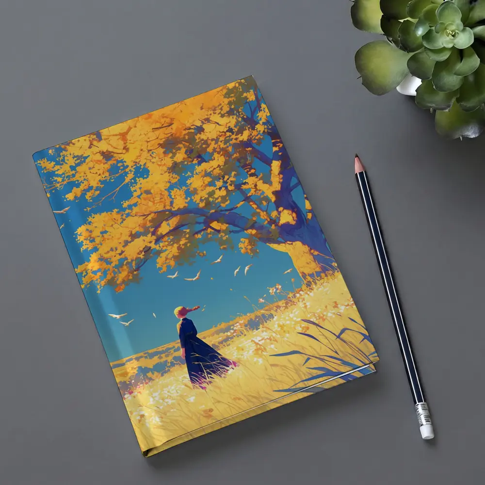 Anime Girl Standing Under Golden Autumn Tree – Notebooks