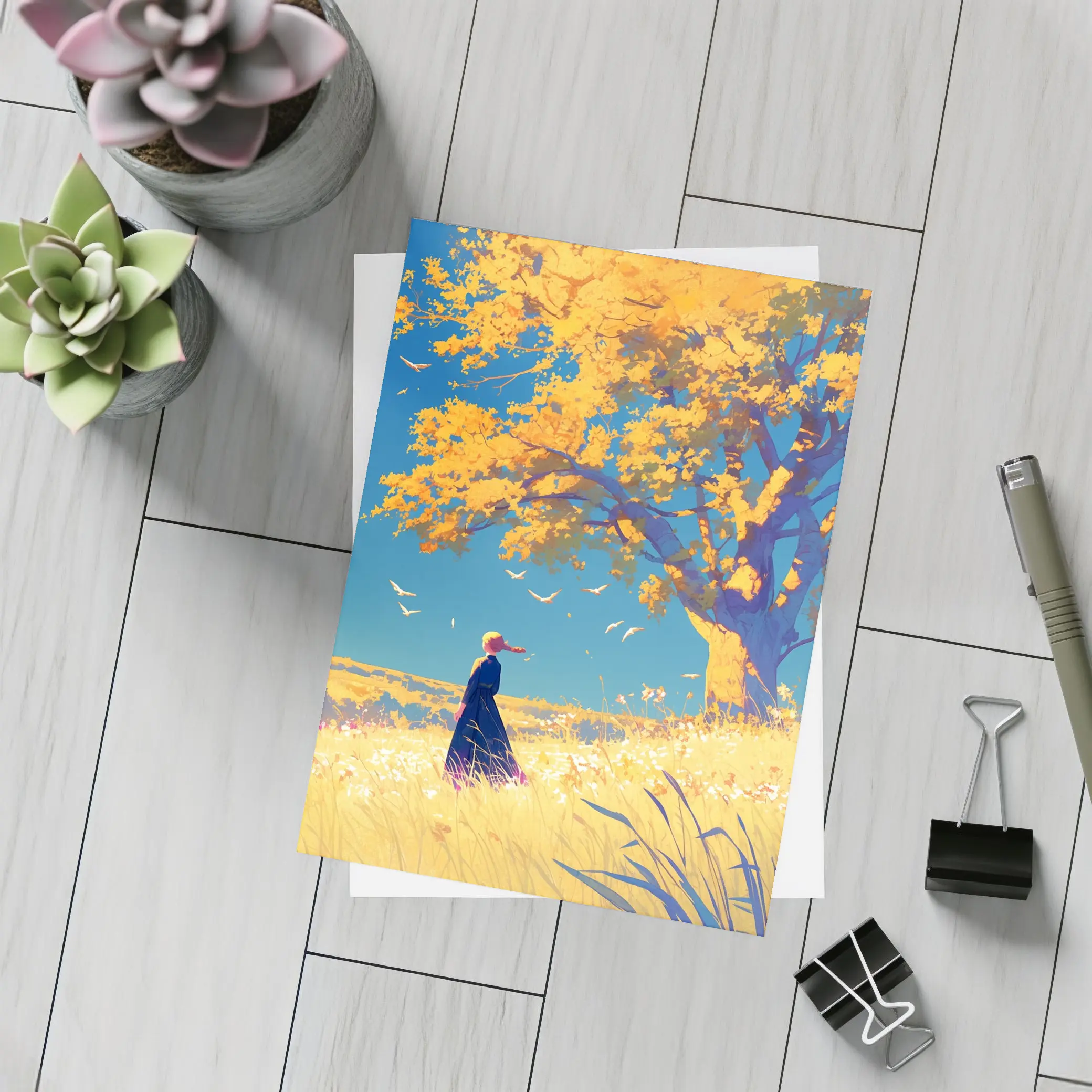 Anime Girl Standing Under Golden Autumn Tree – Postcards