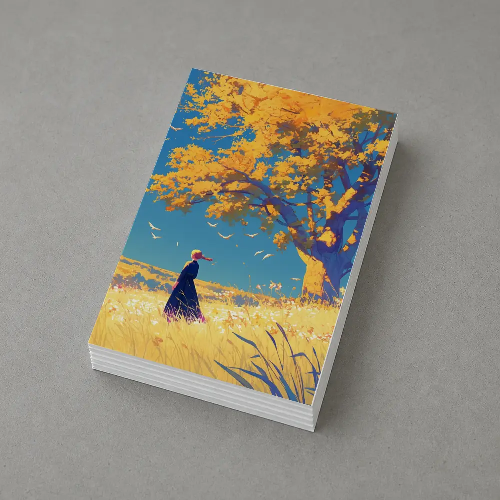 Anime Girl Standing Under Golden Autumn Tree – Postcards