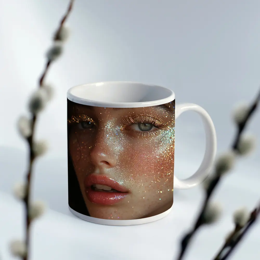 Woman Face Gold Glitter Makeup Close Up – Mugs