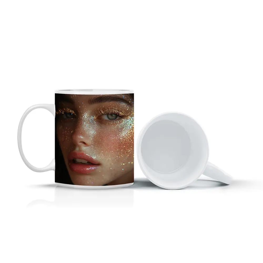 Woman Face Gold Glitter Makeup Close Up – Mugs