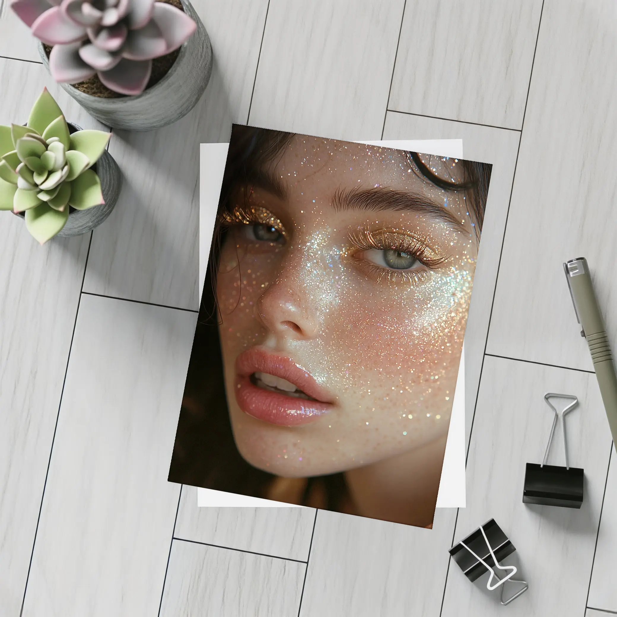 Woman Face Gold Glitter Makeup Close Up – Postcards