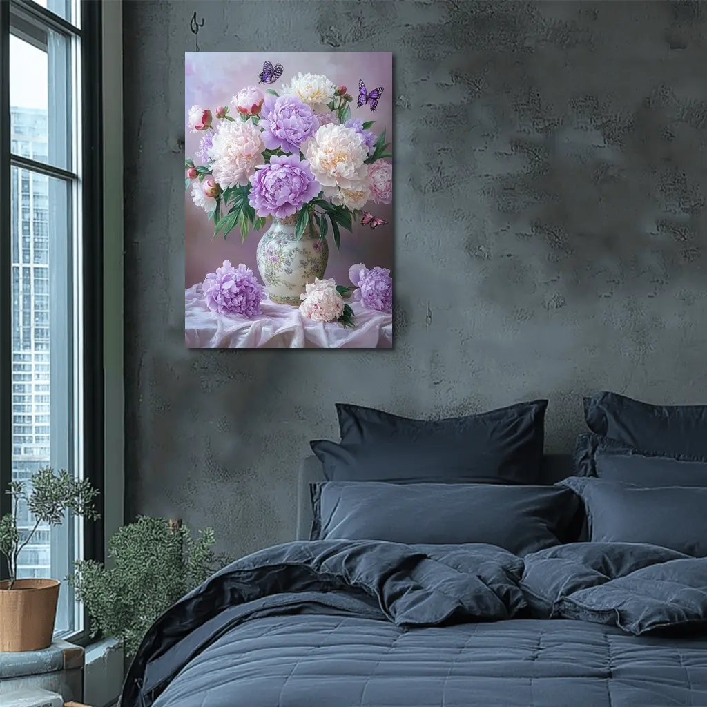 Purple Pink Peonies Vase Butterflies Floral – Wall Art
