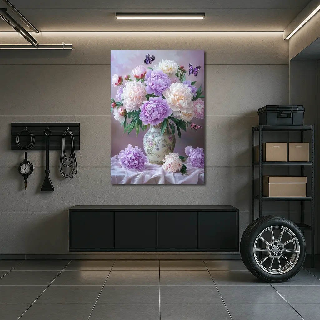 Purple Pink Peonies Vase Butterflies Floral – Wall Art