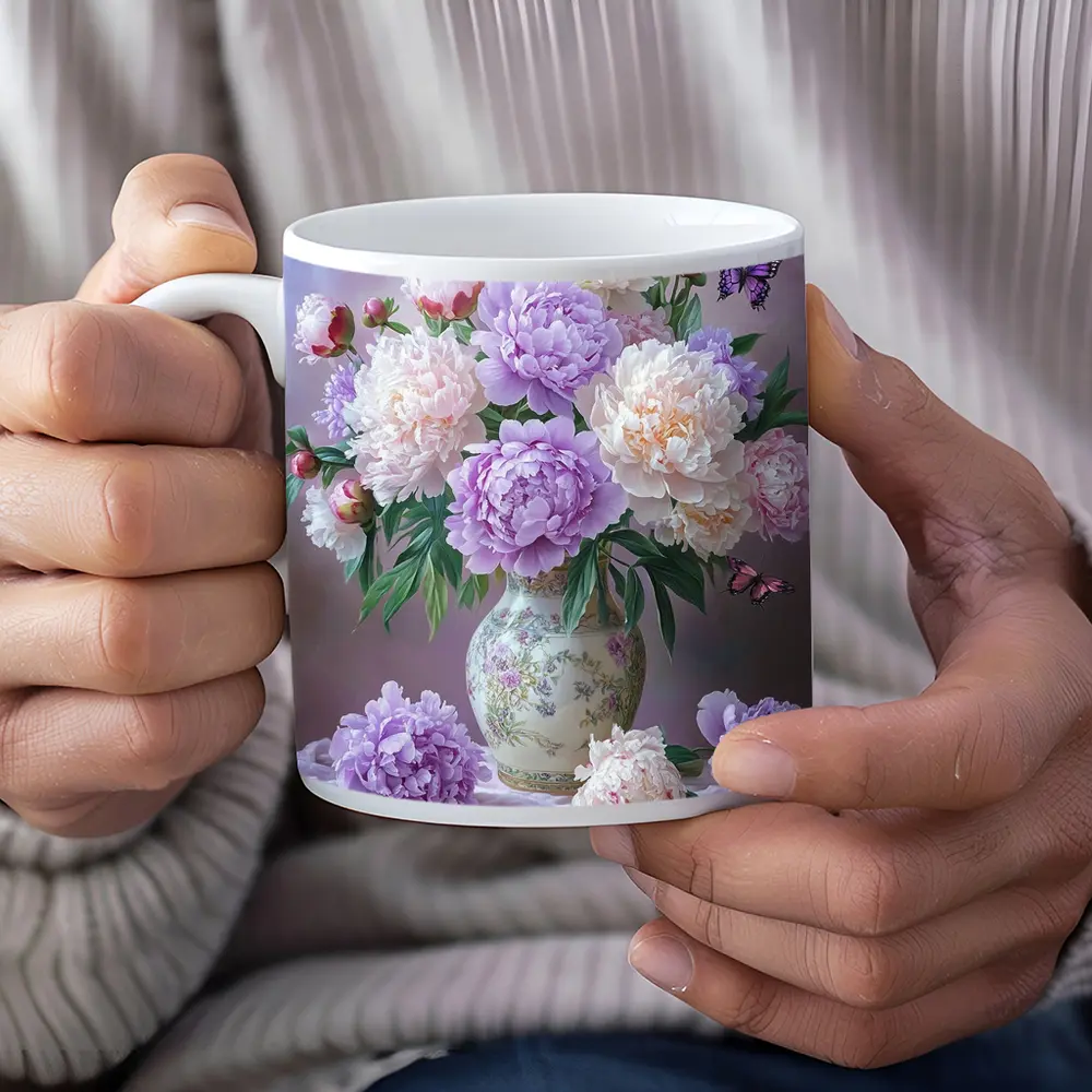 Purple Pink Peonies Vase Butterflies Floral – Mugs