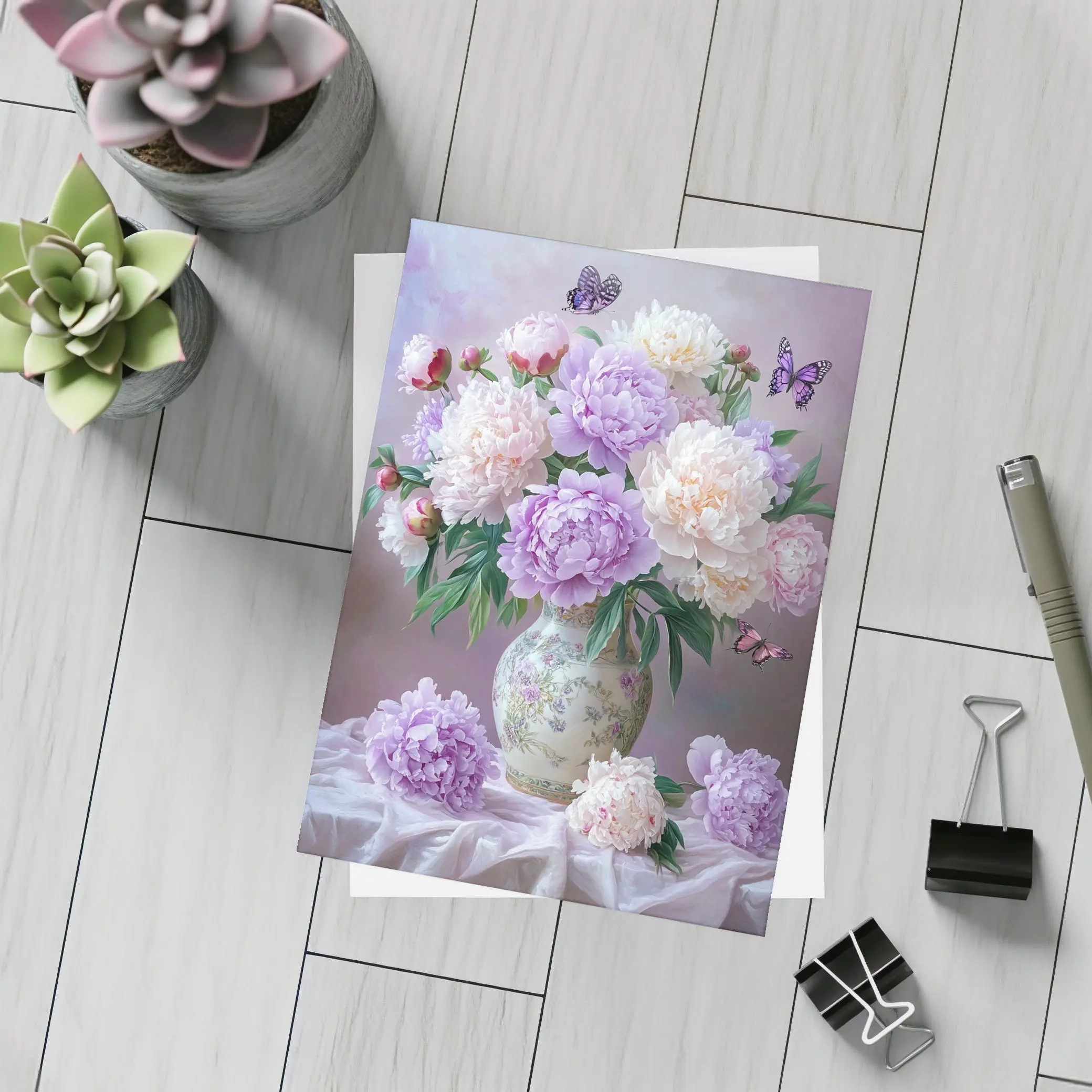 Purple Pink Peonies Vase Butterflies Floral – Postcards