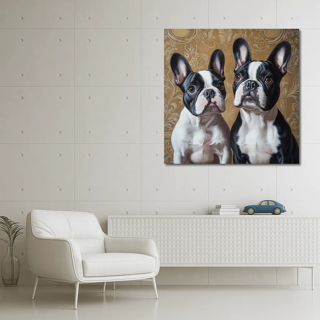Two French Bulldogs Ornate Gold Background Portrait – Wall Art