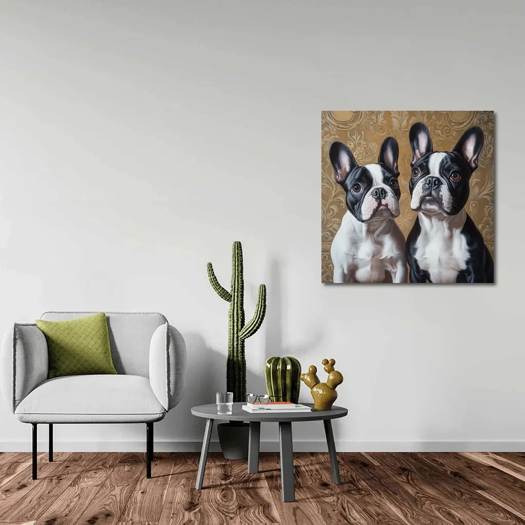 Two French Bulldogs Ornate Gold Background Portrait – Wall Art