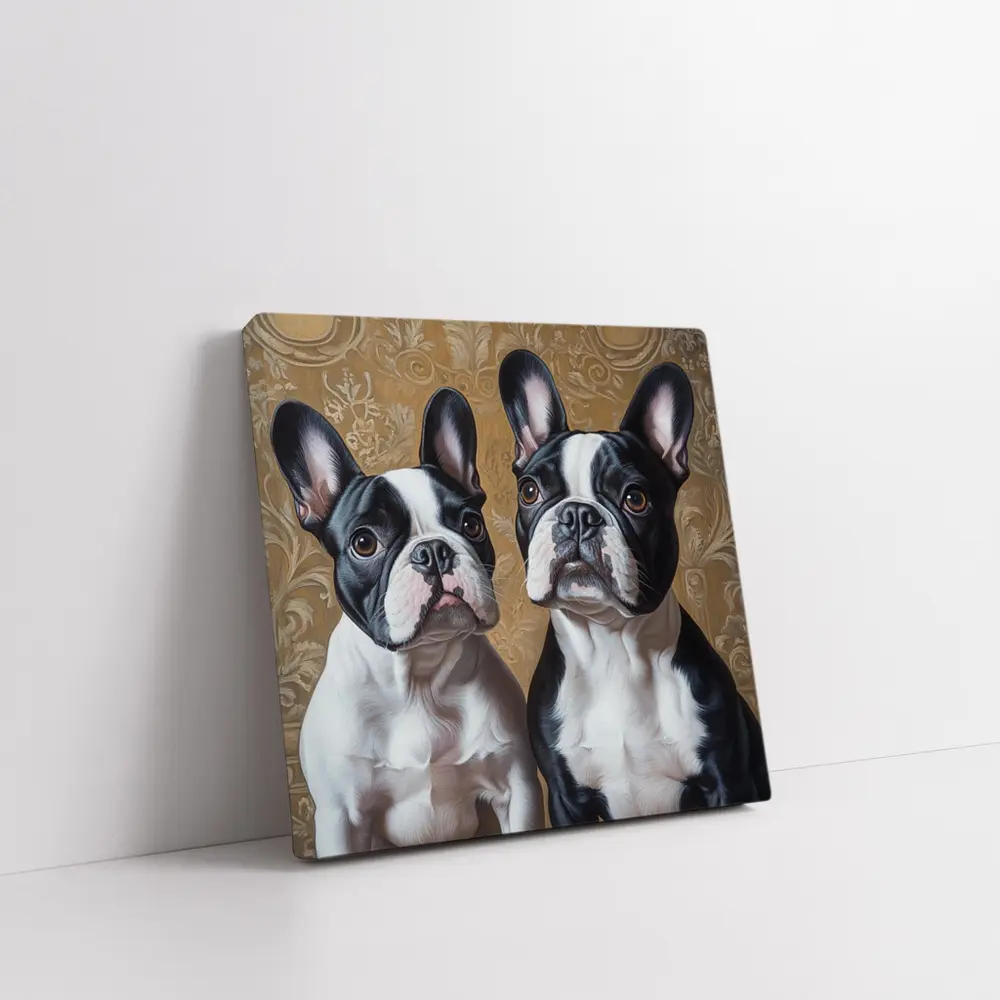 Two French Bulldogs Ornate Gold Background Portrait – Wall Art