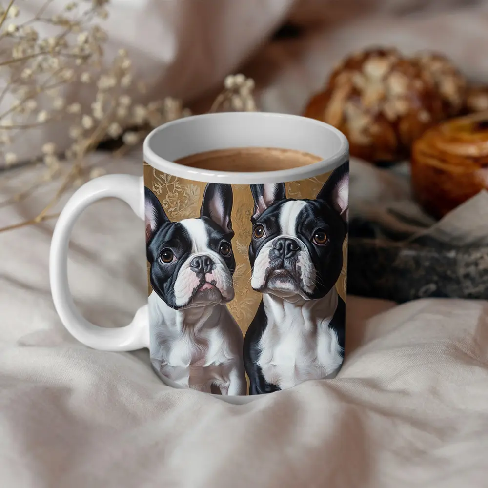 Two French Bulldogs Ornate Gold Background Portrait – Mugs