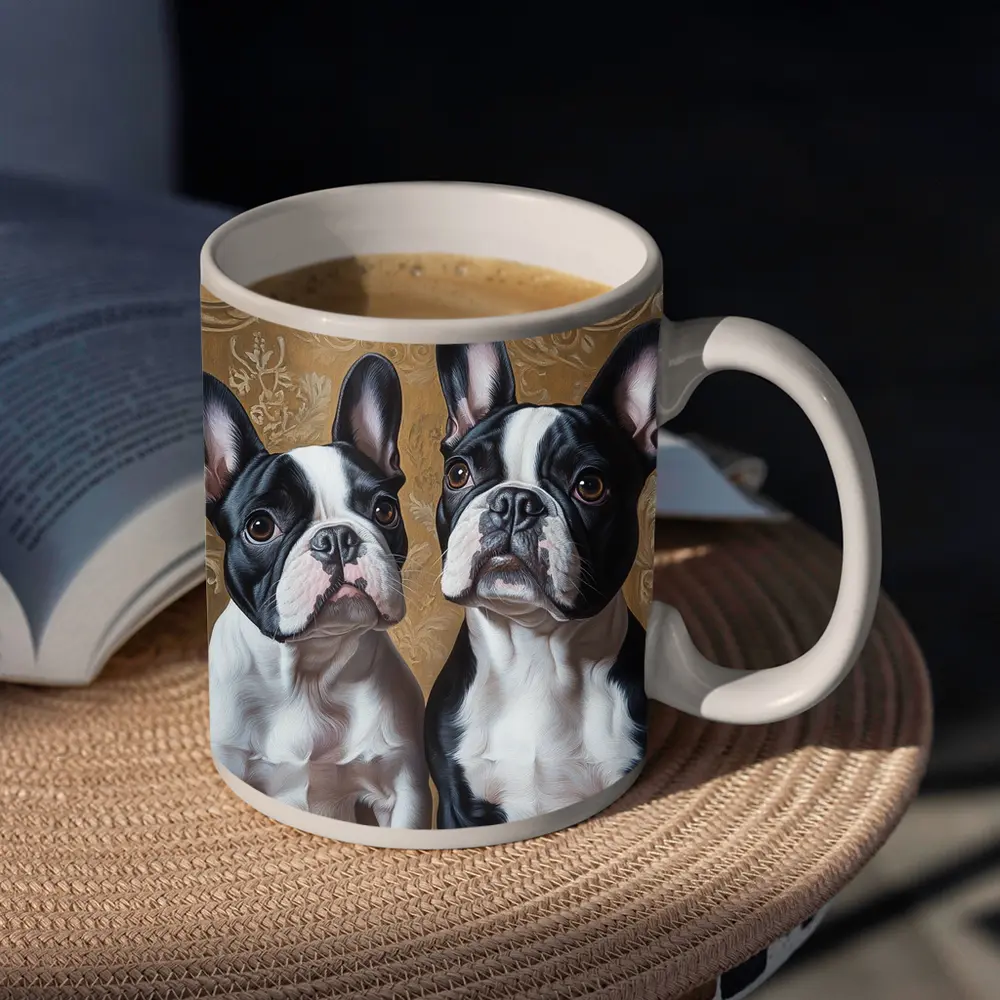 Two French Bulldogs Ornate Gold Background Portrait – Mugs