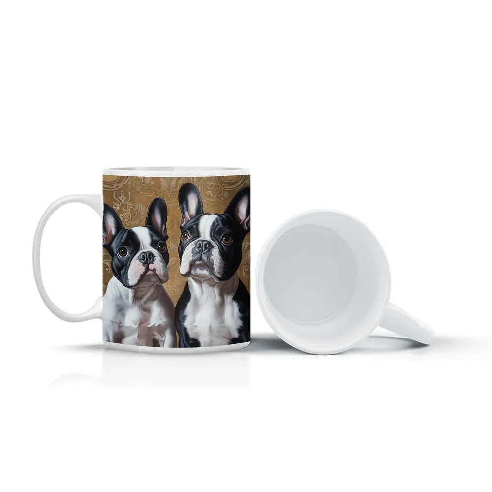 Two French Bulldogs Ornate Gold Background Portrait – Mugs
