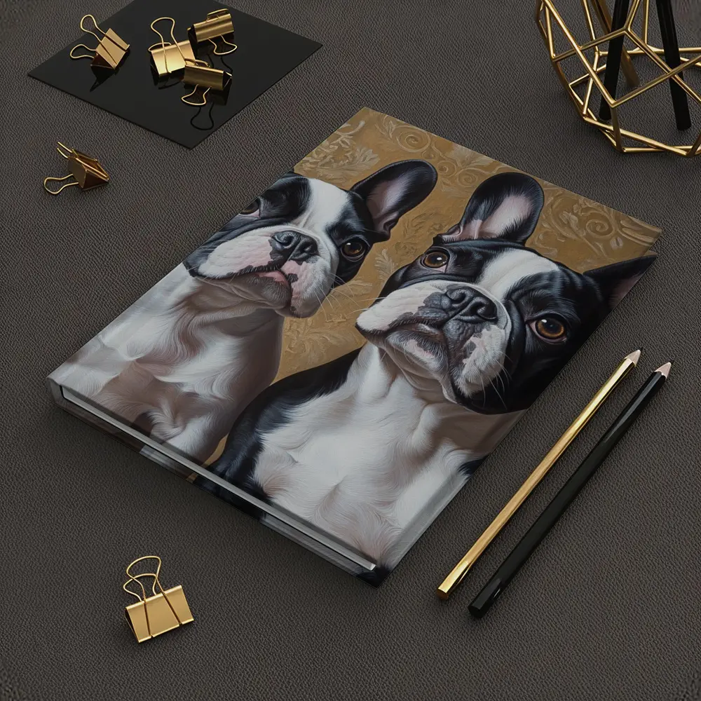 Two French Bulldogs Ornate Gold Background Portrait – Notebooks