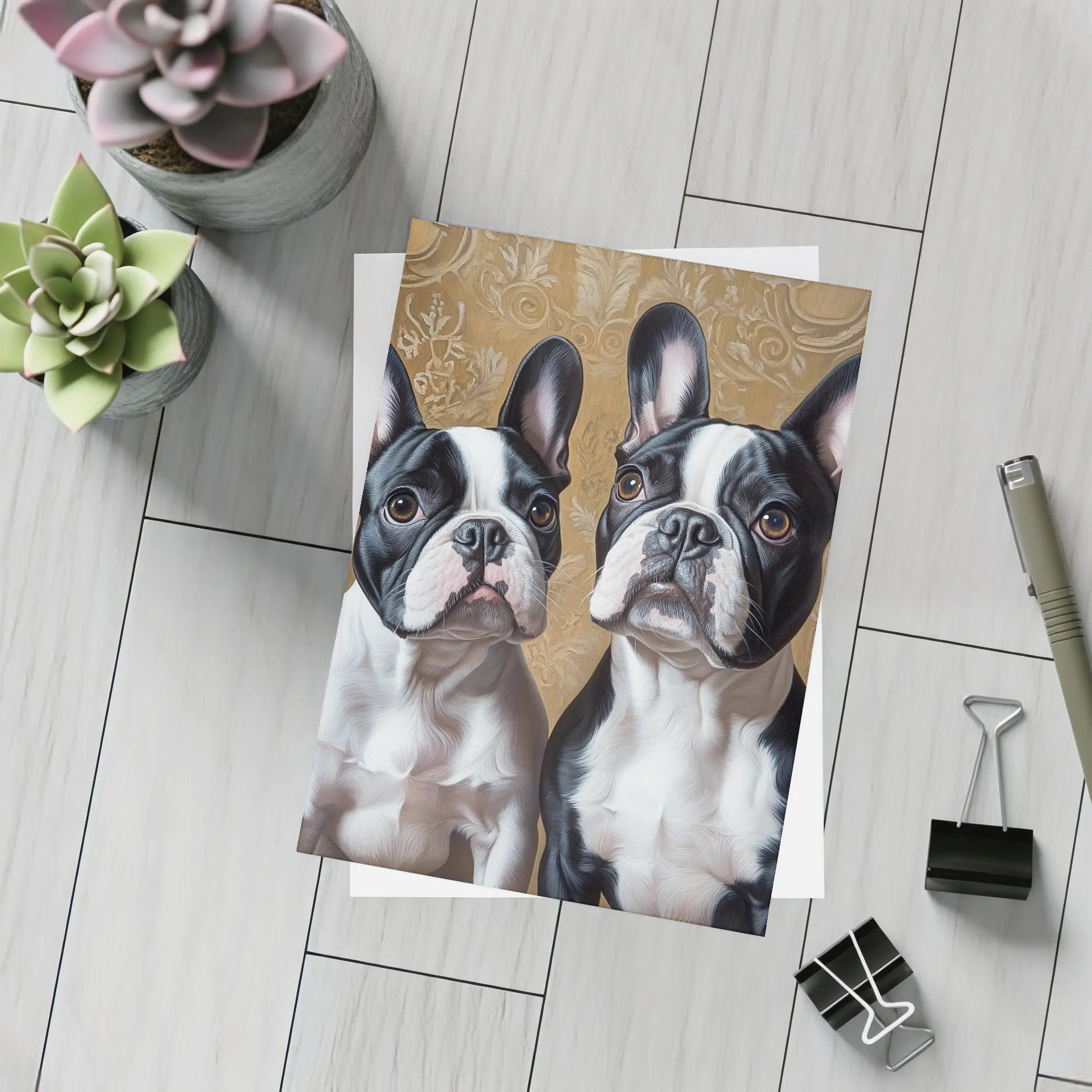 Two French Bulldogs Ornate Gold Background Portrait – Postcards