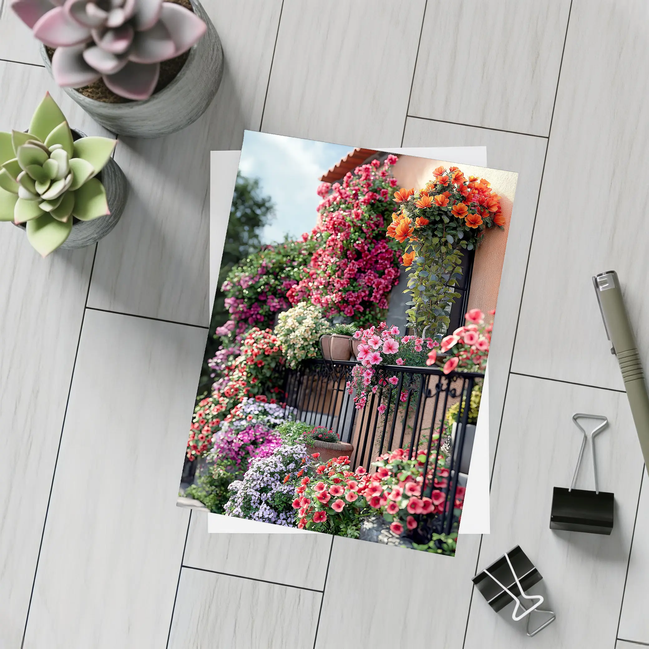 Colorful Flower Garden Balcony Mediterranean House – Postcards