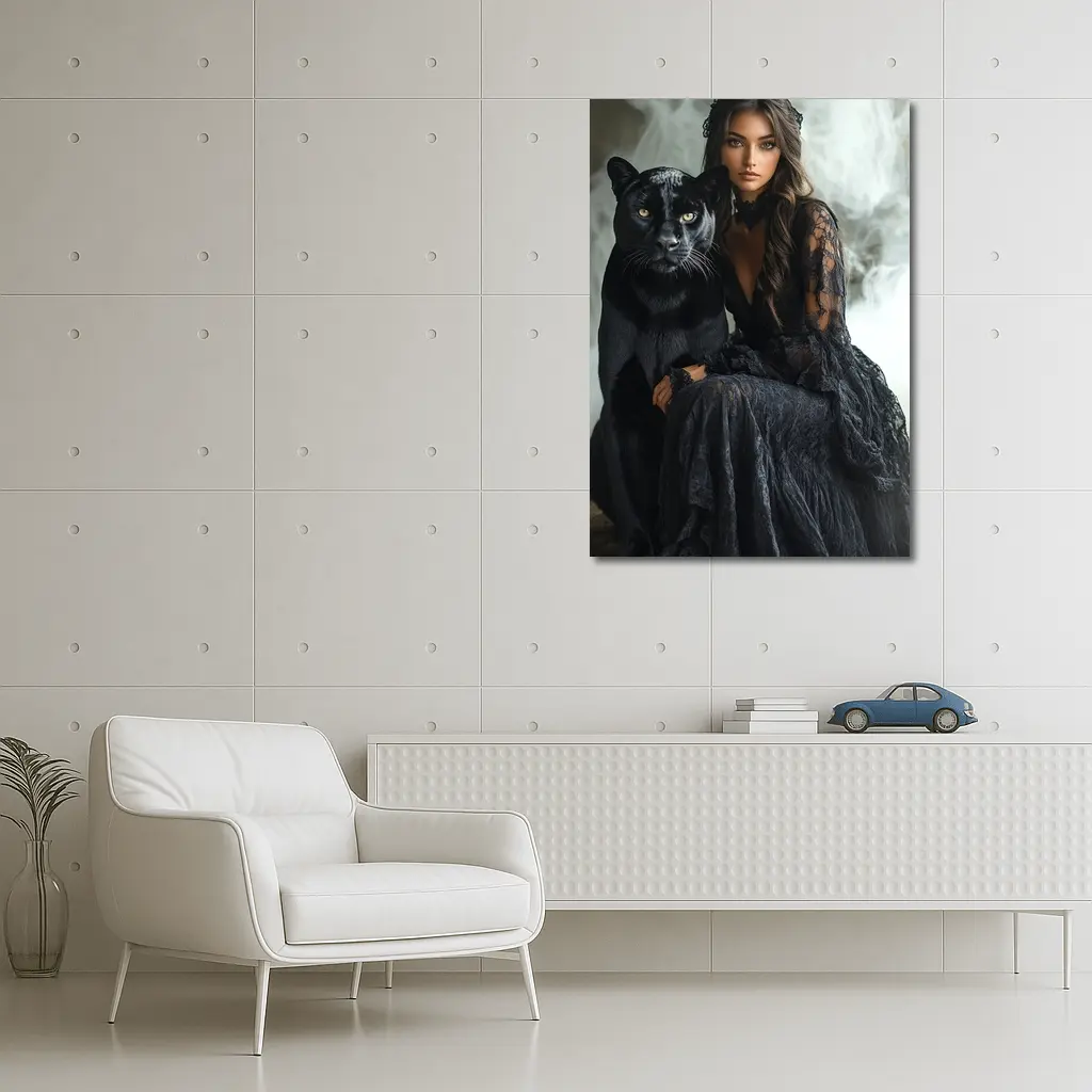 Woman in Black Lace Dress with Panther – Wall Art