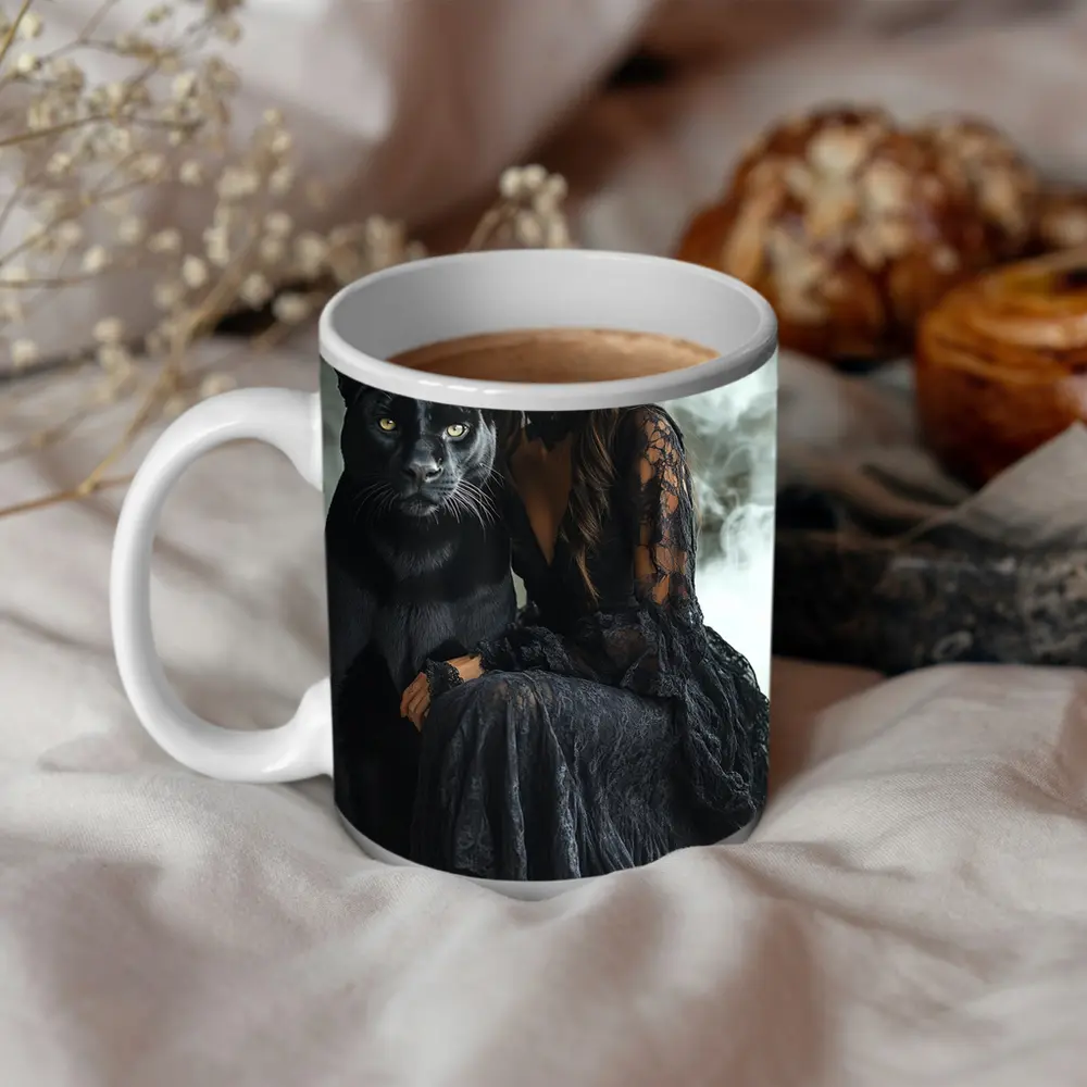 Woman in Black Lace Dress with Panther – Mugs