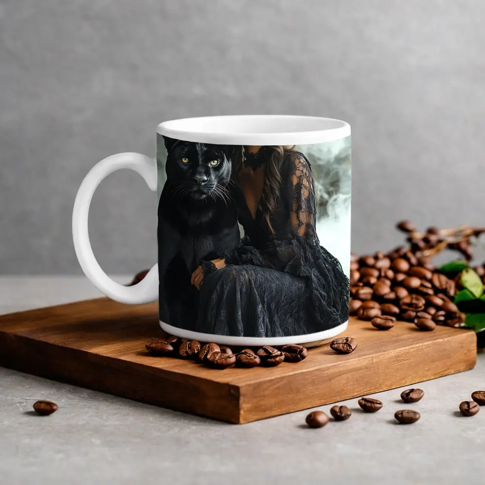 Woman in Black Lace Dress with Panther – Mugs