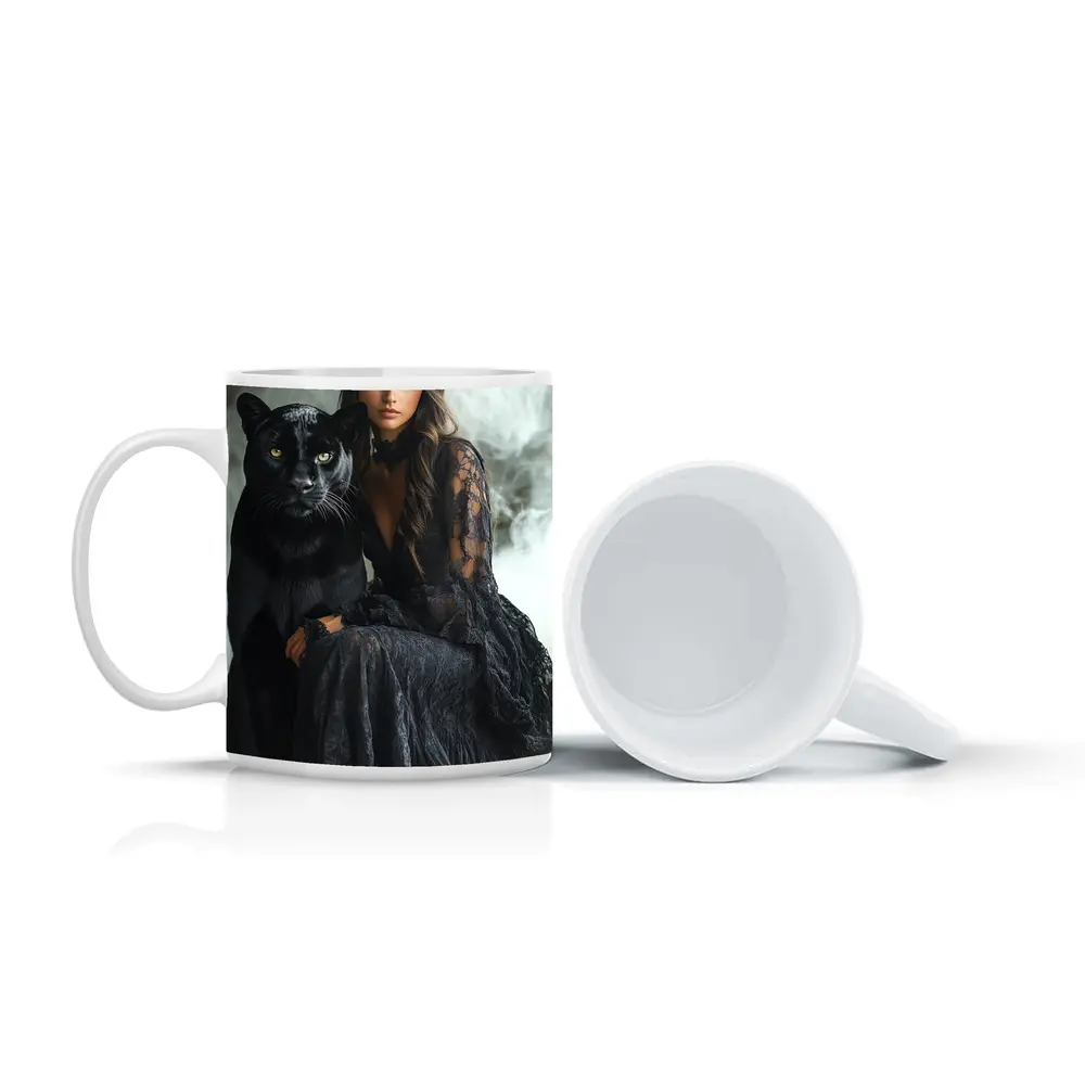Woman in Black Lace Dress with Panther – Mugs