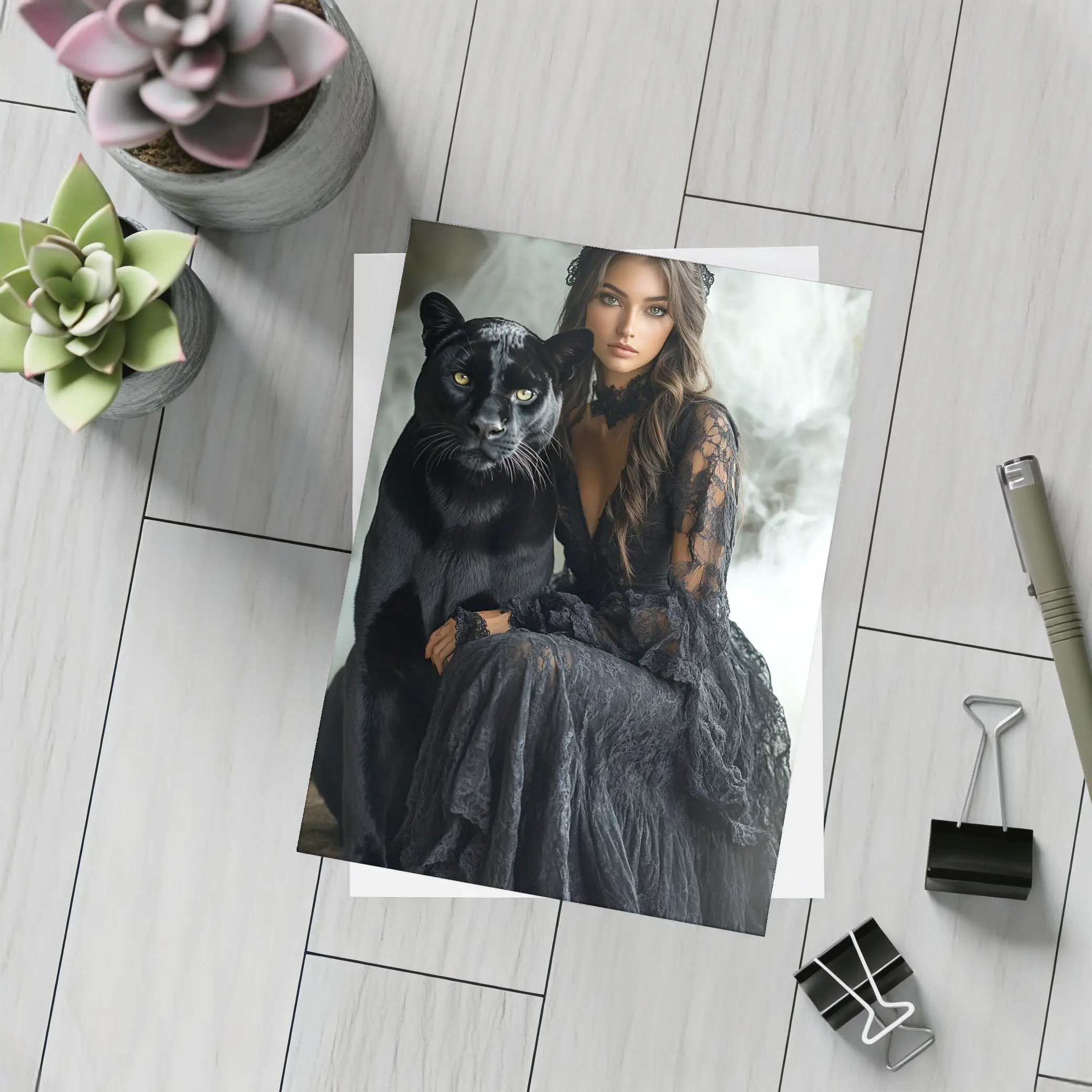 Woman in Black Lace Dress with Panther – Postcards