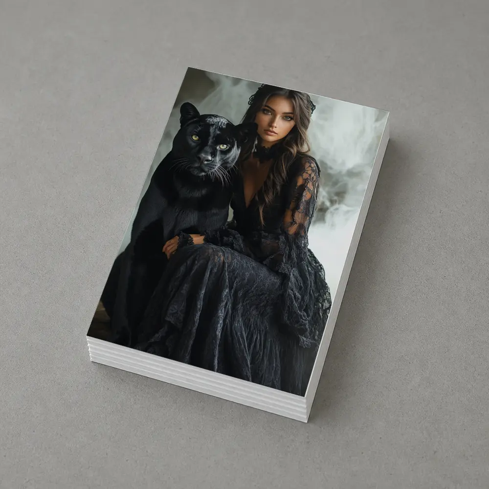Woman in Black Lace Dress with Panther – Postcards
