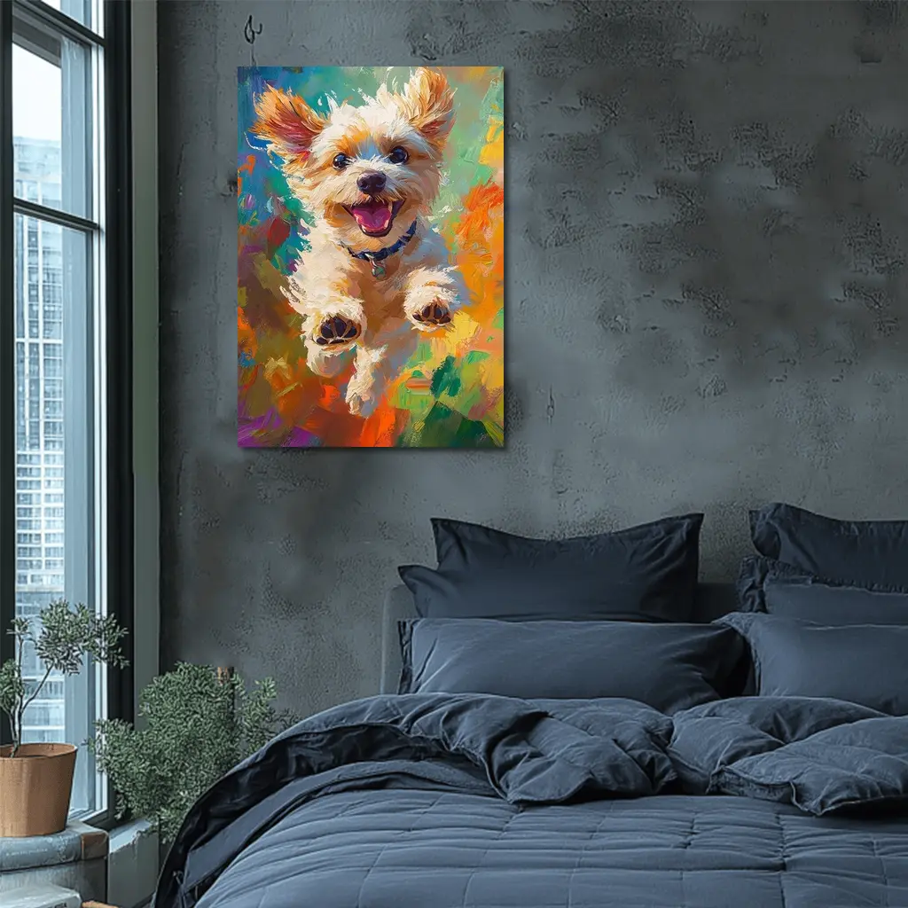 Happy Terrier Dog Jumping Colorful Oil Painting – Wall Art