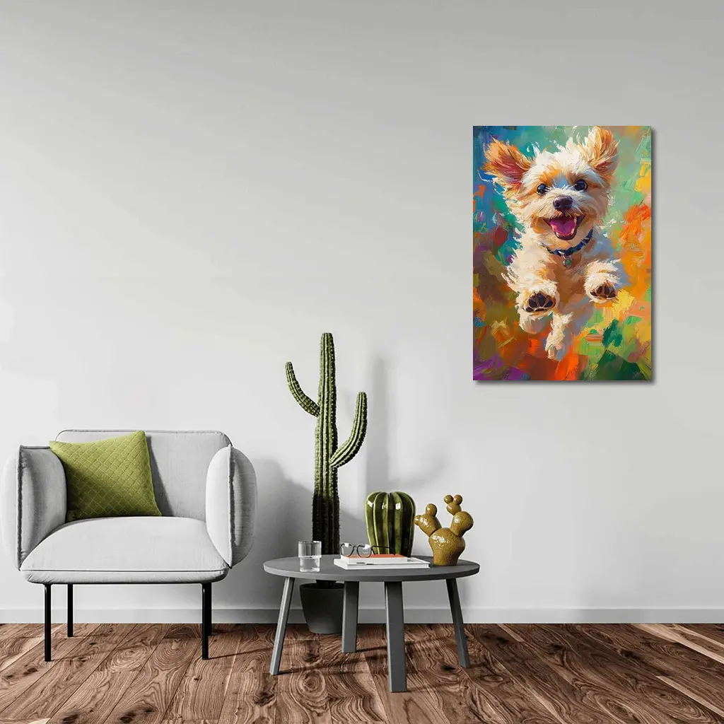 Happy Terrier Dog Jumping Colorful Oil Painting – Wall Art