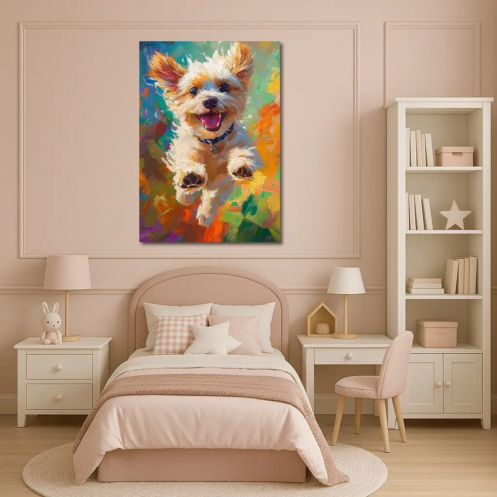 Happy Terrier Dog Jumping Colorful Oil Painting – Wall Art