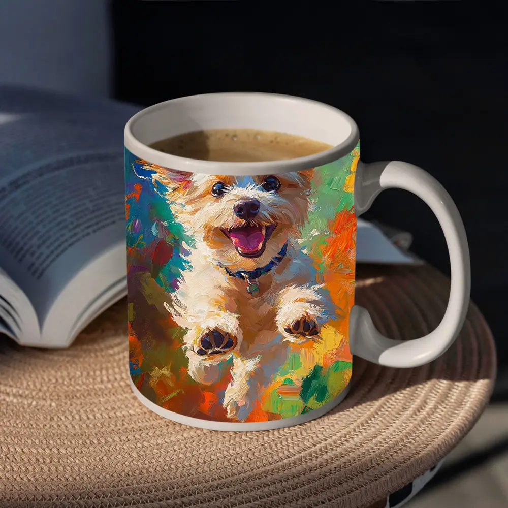 Happy Terrier Dog Jumping Colorful Oil Painting – Mugs