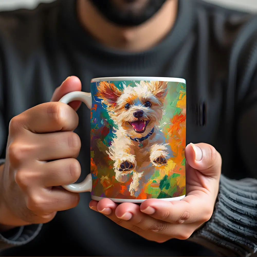 Happy Terrier Dog Jumping Colorful Oil Painting – Mugs