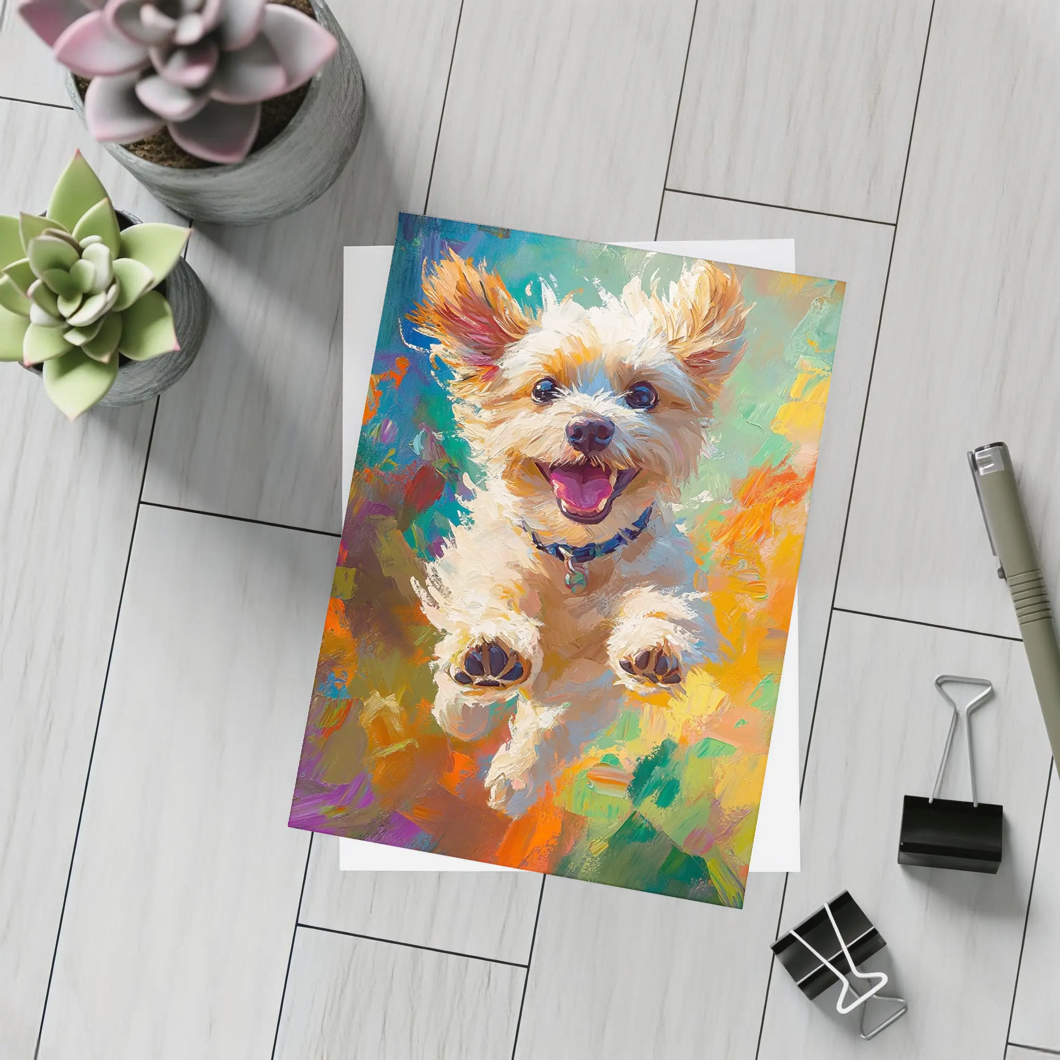 Happy Terrier Dog Jumping Colorful Oil Painting – Postcards
