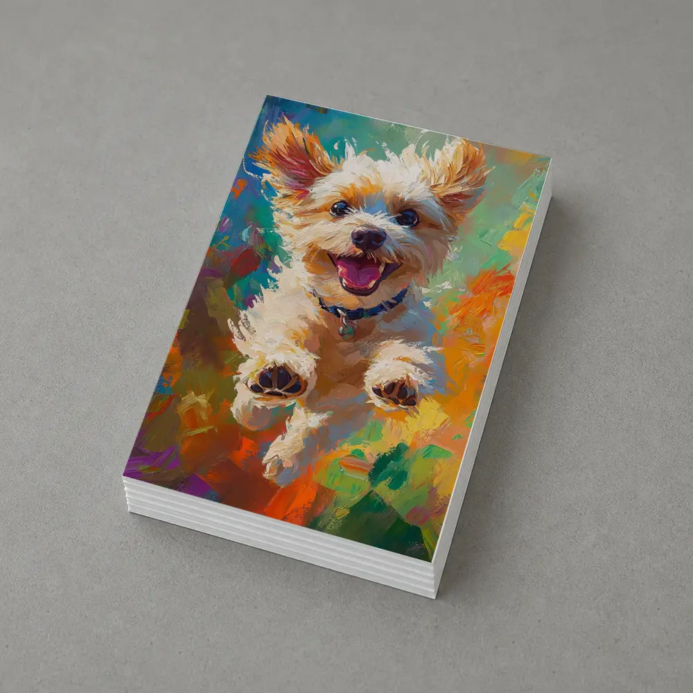 Happy Terrier Dog Jumping Colorful Oil Painting – Postcards
