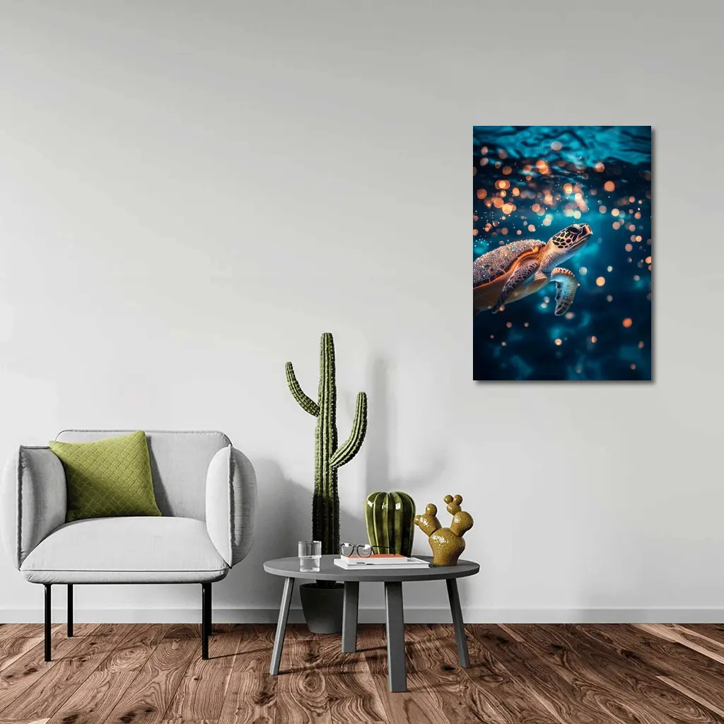 Sea Turtle Swimming In Glowing Blue Ocean – Wall Art