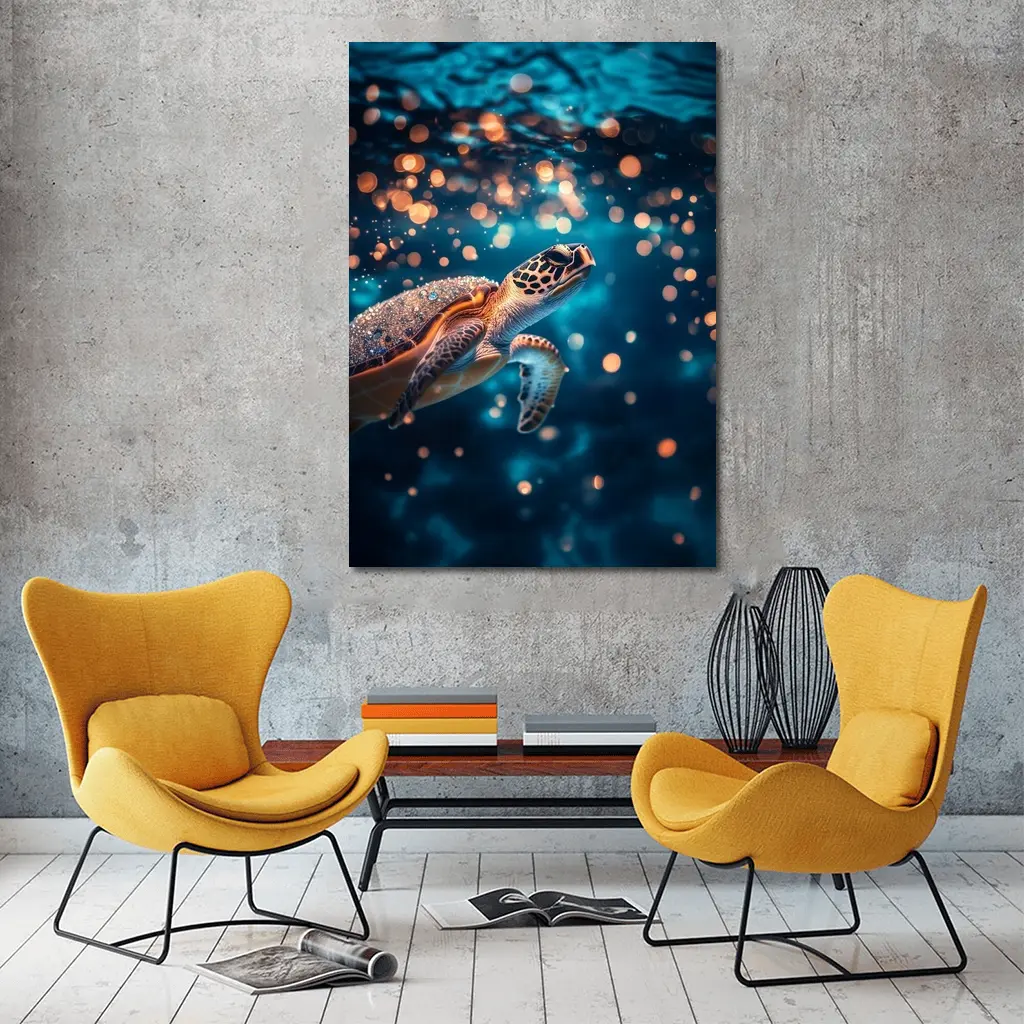 Sea Turtle Swimming In Glowing Blue Ocean – Wall Art