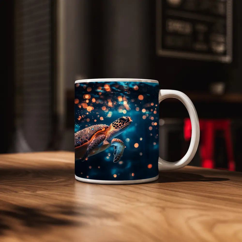 Sea Turtle Swimming In Glowing Blue Ocean – Mugs