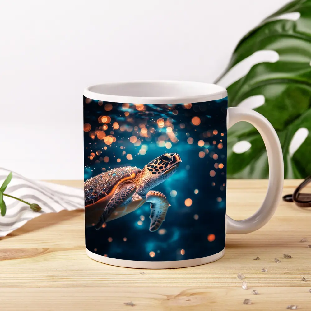 Sea Turtle Swimming In Glowing Blue Ocean – Mugs