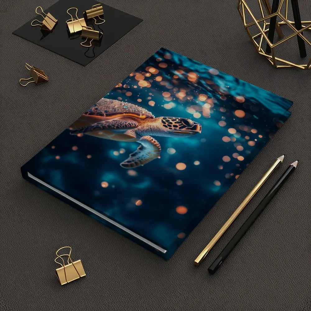 Sea Turtle Swimming In Glowing Blue Ocean – Notebooks