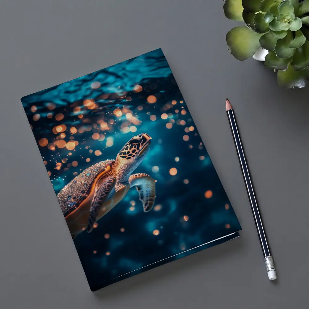 Sea Turtle Swimming In Glowing Blue Ocean – Notebooks