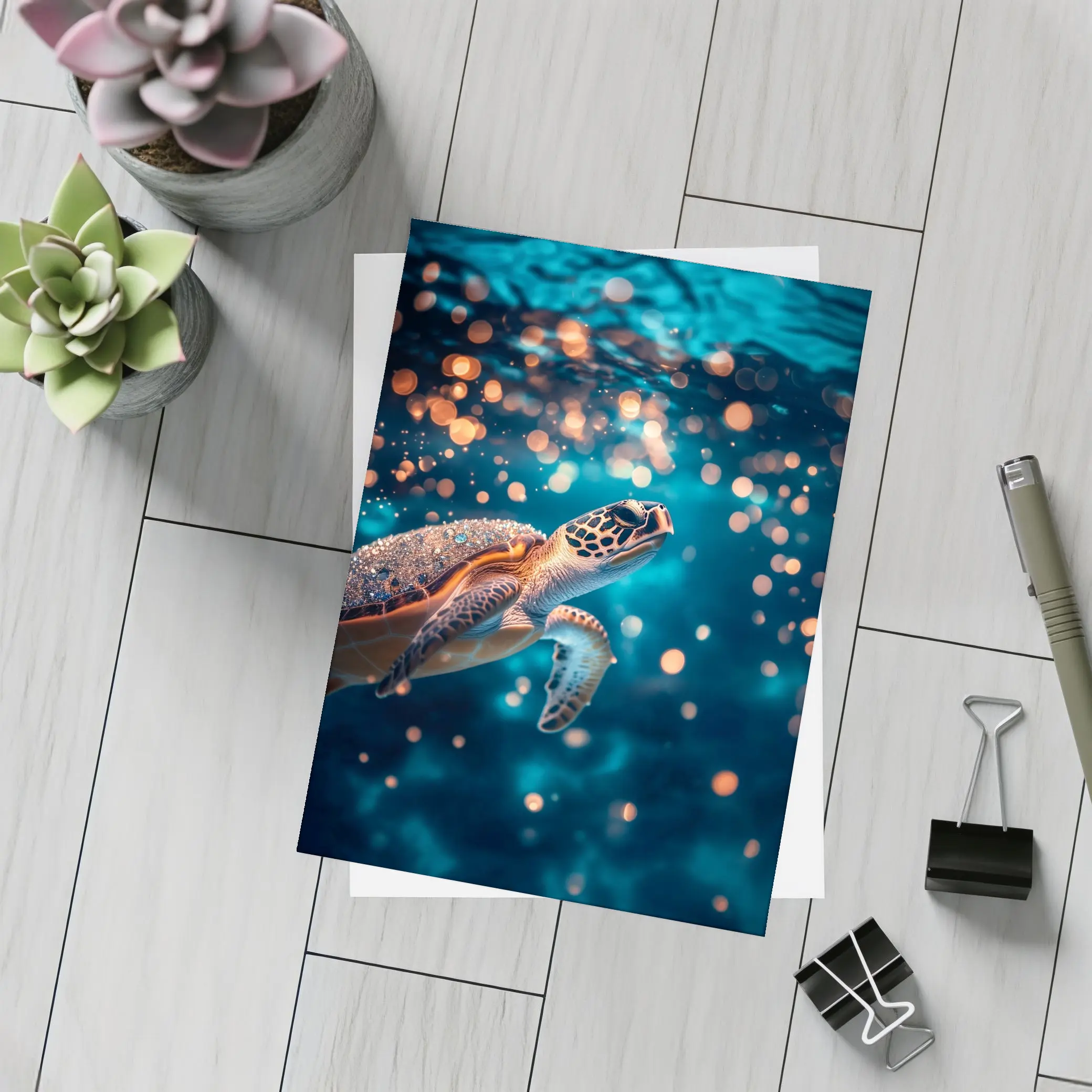 Sea Turtle Swimming In Glowing Blue Ocean – Postcards
