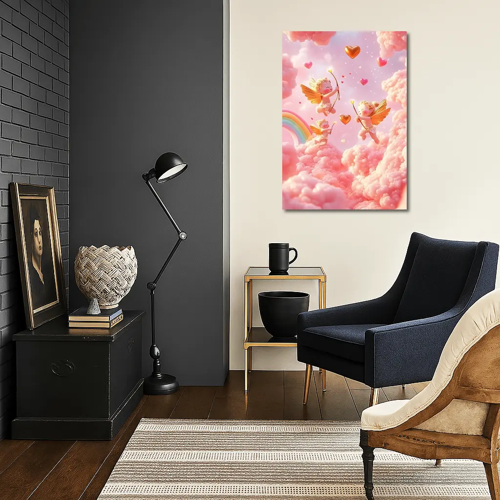 Cute Cupids Flying Over Pink Clouds – Wall Art
