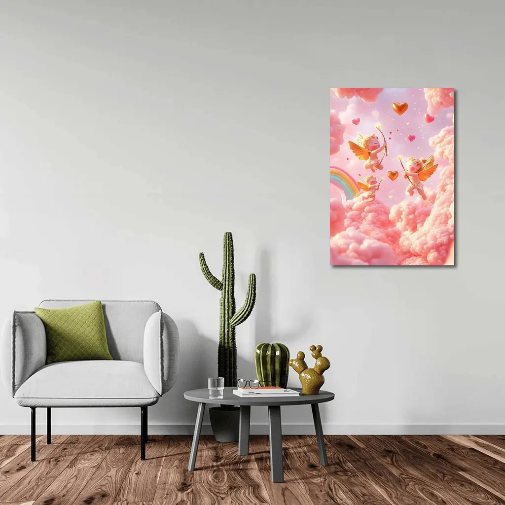 Cute Cupids Flying Over Pink Clouds – Wall Art