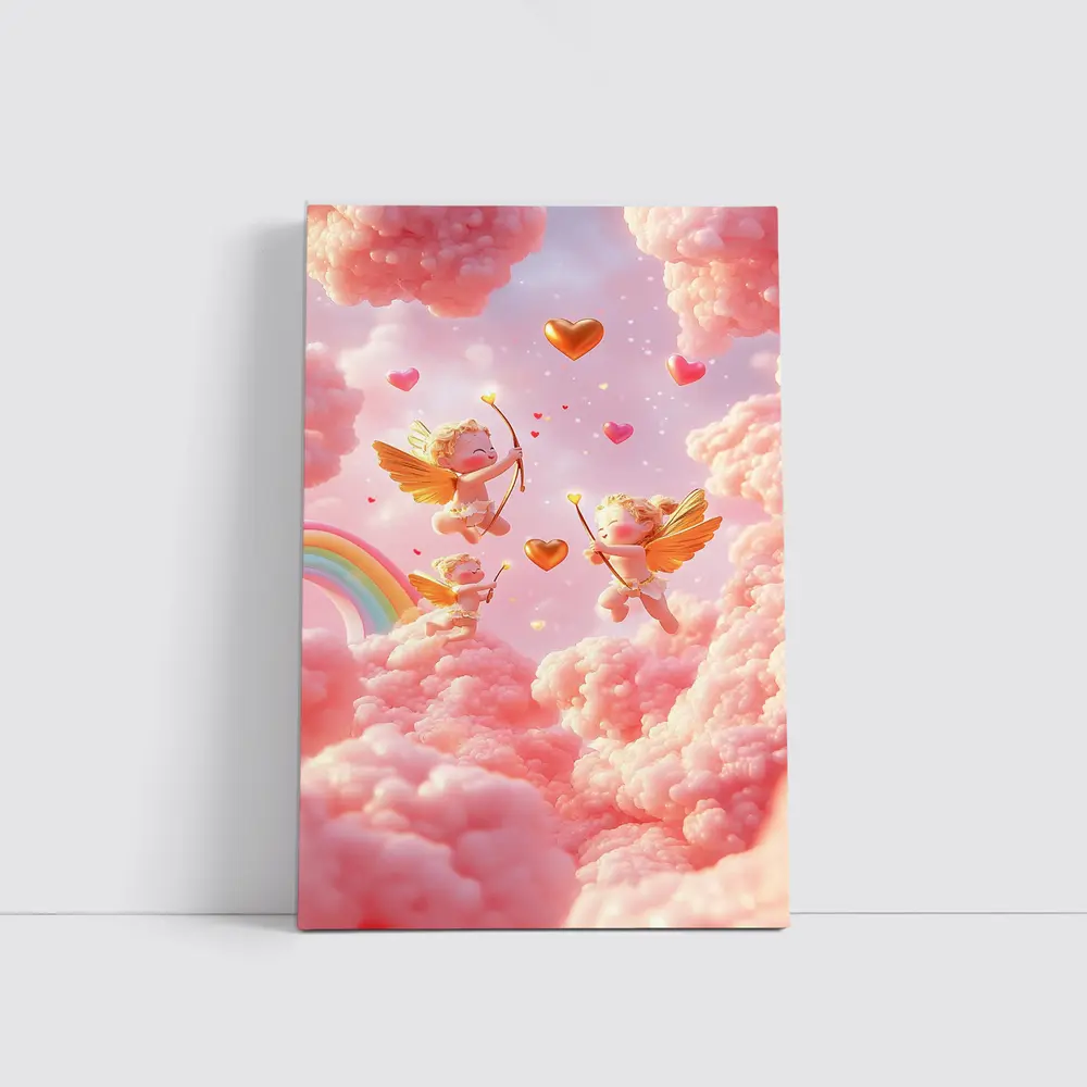 Cute Cupids Flying Over Pink Clouds – Wall Art