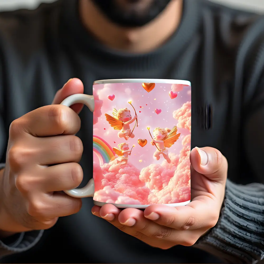 Cute Cupids Flying Over Pink Clouds – Mugs