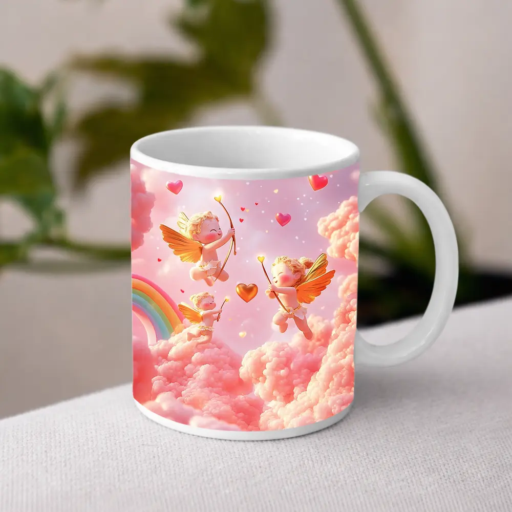 Cute Cupids Flying Over Pink Clouds – Mugs