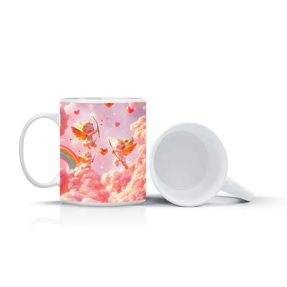Cute Cupids Flying Over Pink Clouds – Mugs
