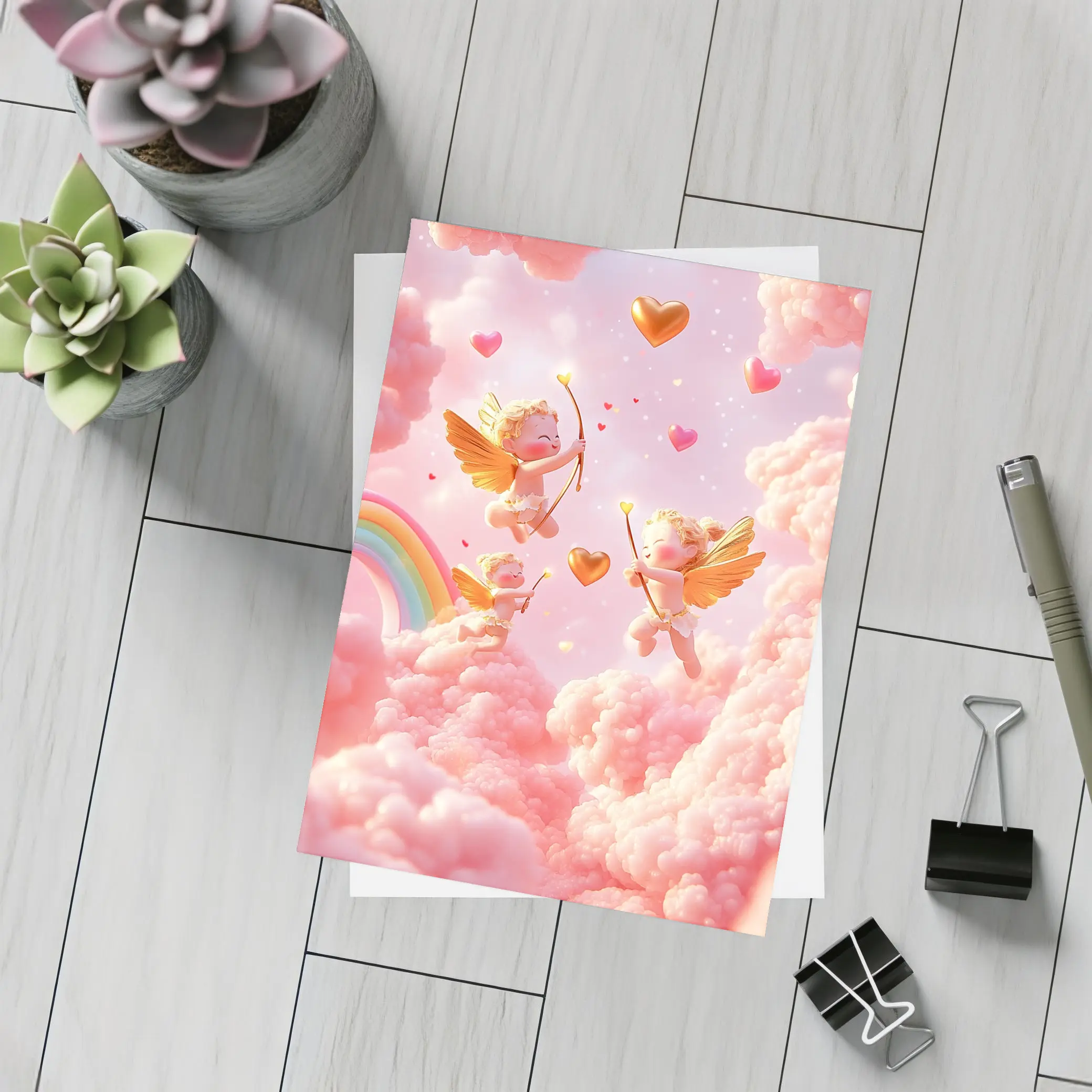 Cute Cupids Flying Over Pink Clouds – Postcards
