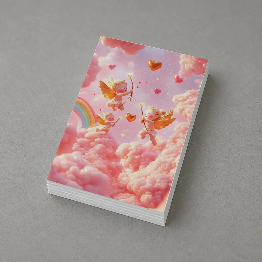 Cute Cupids Flying Over Pink Clouds – Postcards