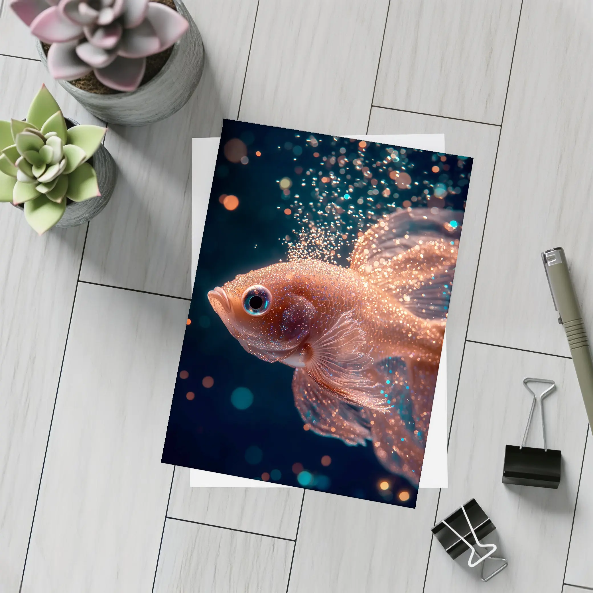 Rose Gold Betta Fish Dark Bokeh Background – Postcards